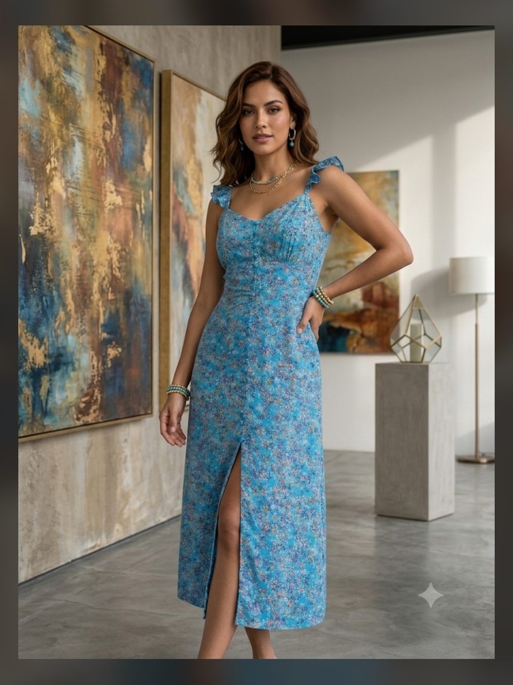 Jessica Simpson Blue Floral Maxi Dress Large Cottagecore Summer Vacation Wedding
